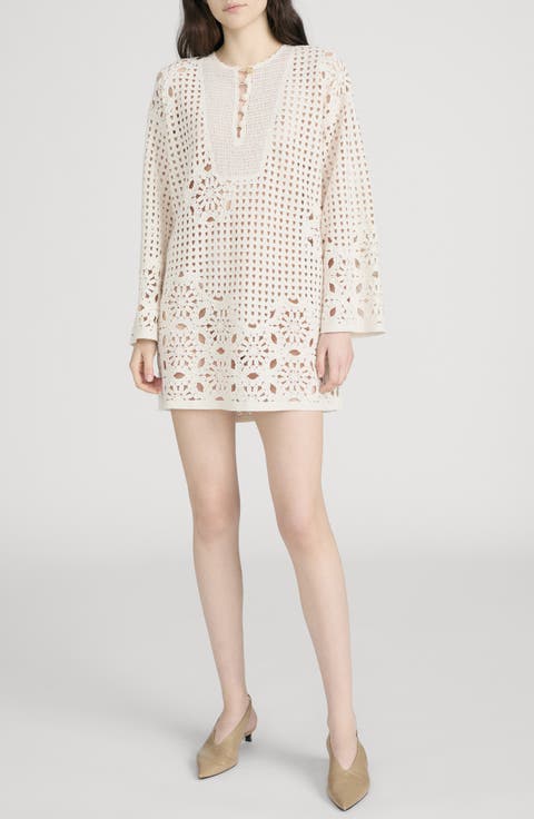 The Postcard Open Stitch Long Sleeve Cotton Minidress
