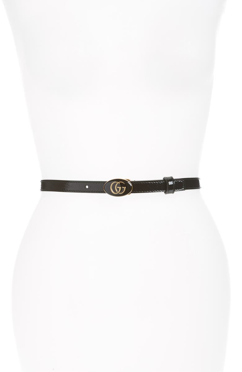 Gucci Double-G Skinny Patent Leather Belt, Main, color,