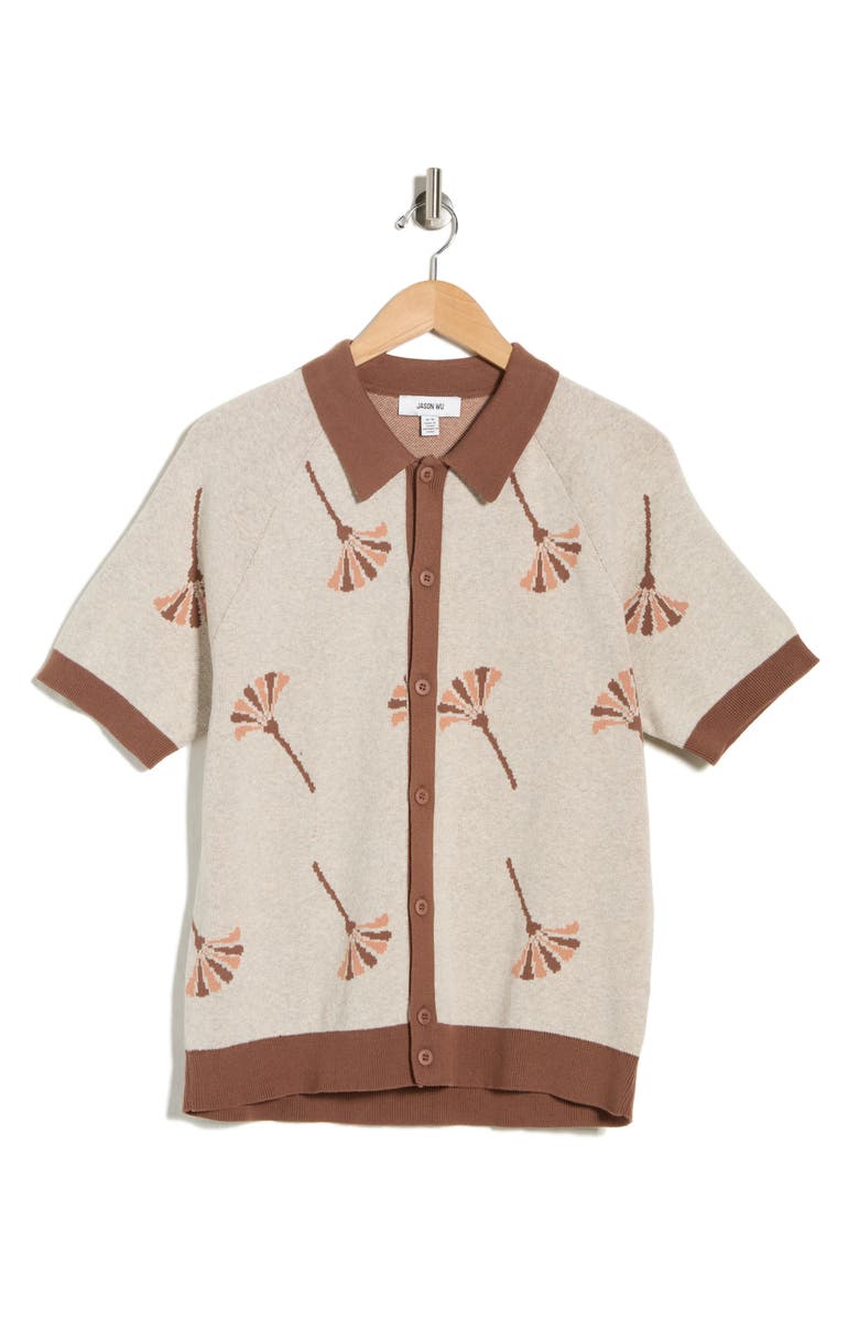 JASON WU Dandelion Raglan Sleeve Button-Up Polo Sweater, Alternate, color, Acorn/ Oat Melange