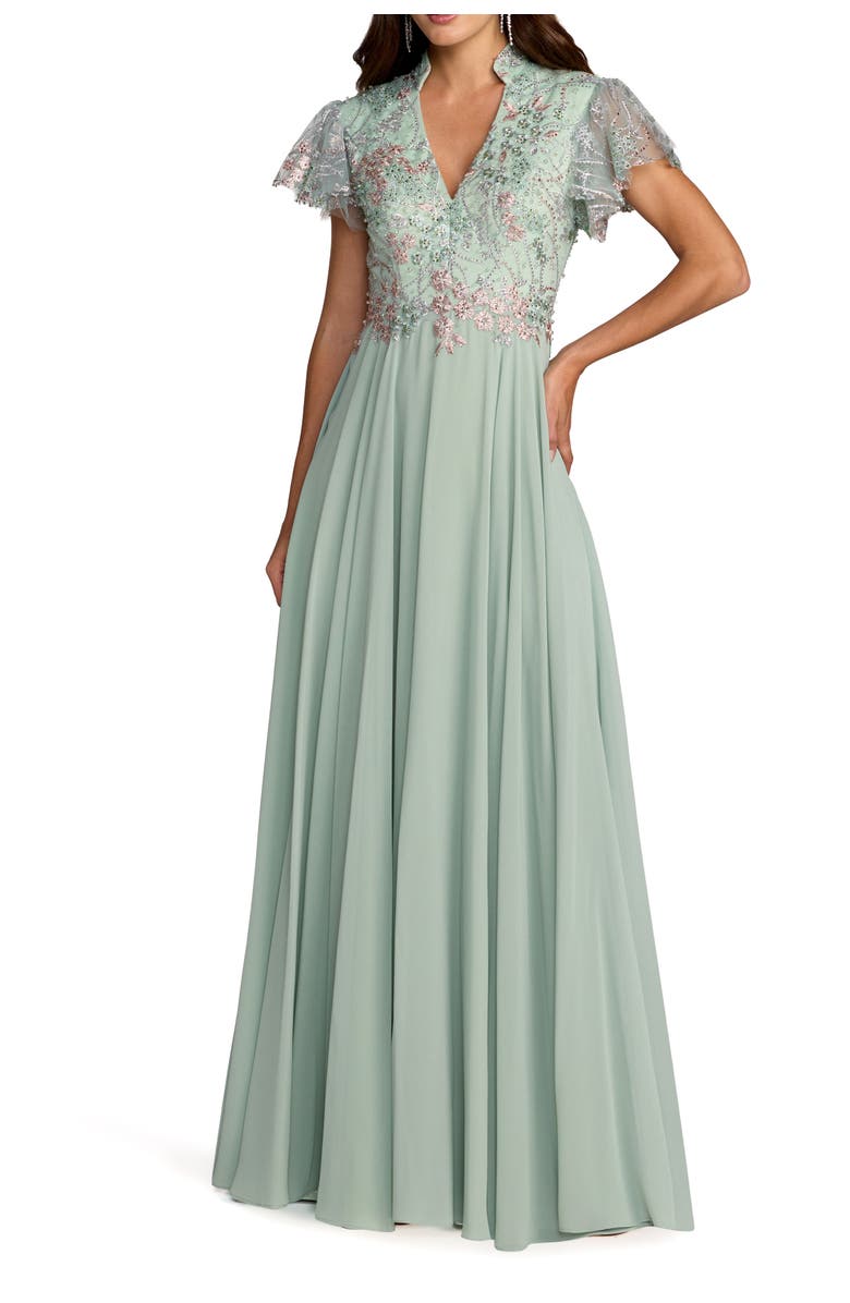Mac Duggal Embroidered Top Chiffon Skirt Ruffle Sleeve Gown, Main, color, Sage