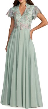 Mac Duggal Women's Embroidered Top Chiffon Skirt Ruffle Sleeve Gown