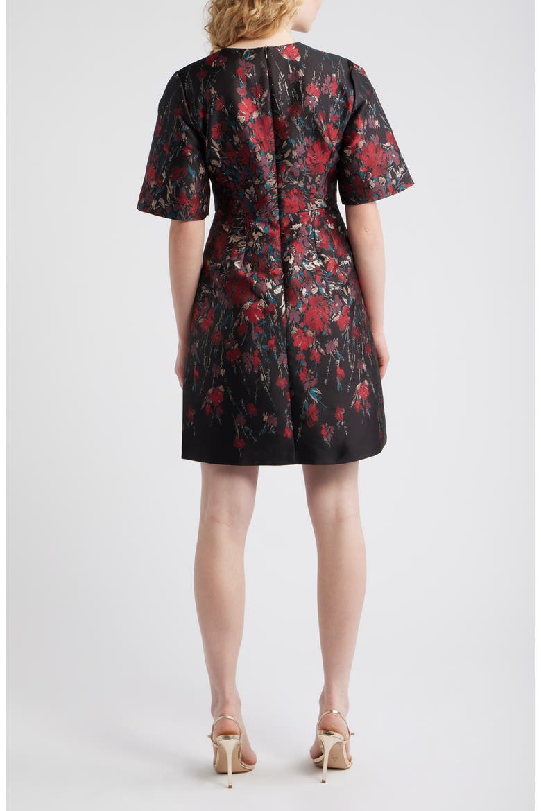 Metallic Floral Jacquard Elbow Sleeve Fit & Flare Dress, Alternate, color, RED