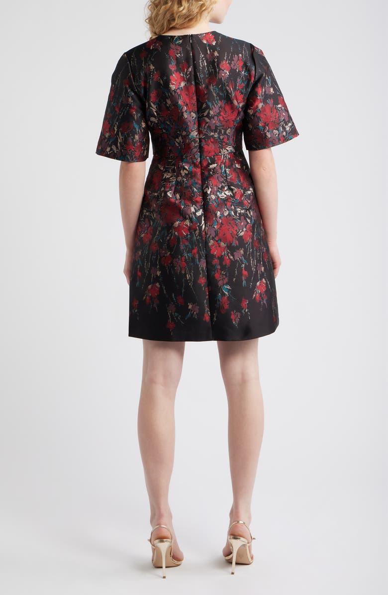 Vince Camuto Metallic Floral Jacquard Elbow Sleeve Fit & Flare Dress, Alternate, color, Red