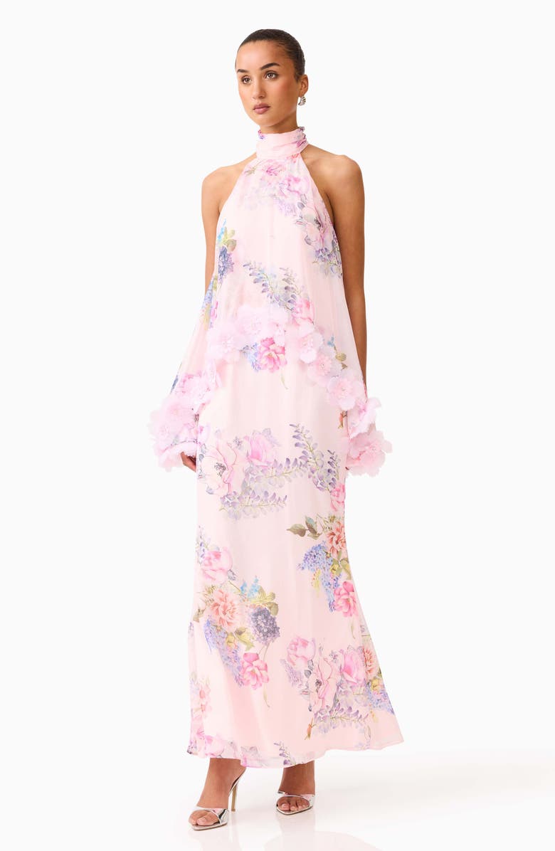 Elliatt Millie Floral Appliqué Tiered Halter Neck Gown, Alternate, color, Pink Multi