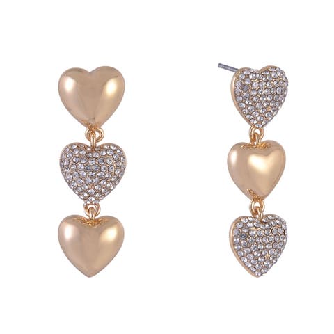Linear Gold Tone Heart Earrings with Pave Stones