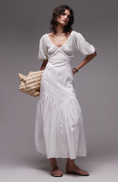 Puff Sleeve Mixed Media Maxi Sundress