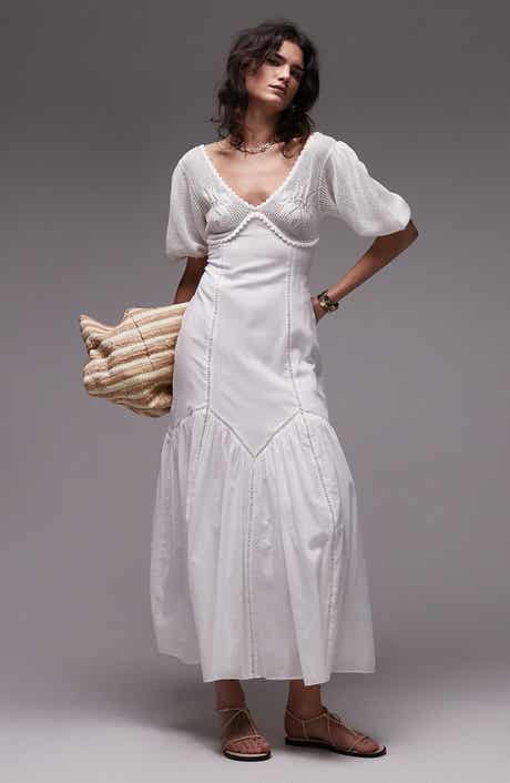 Topshop Puff Sleeve Mixed Media Maxi Sundress