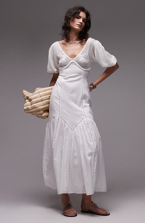 Topshop Puff Sleeve Mixed Media Maxi Sundress In White