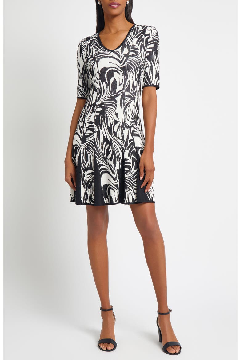 Short Sleeve Jacquard Fit & Flare Sweater Dress, Main, color, BLACK/ IVORY
