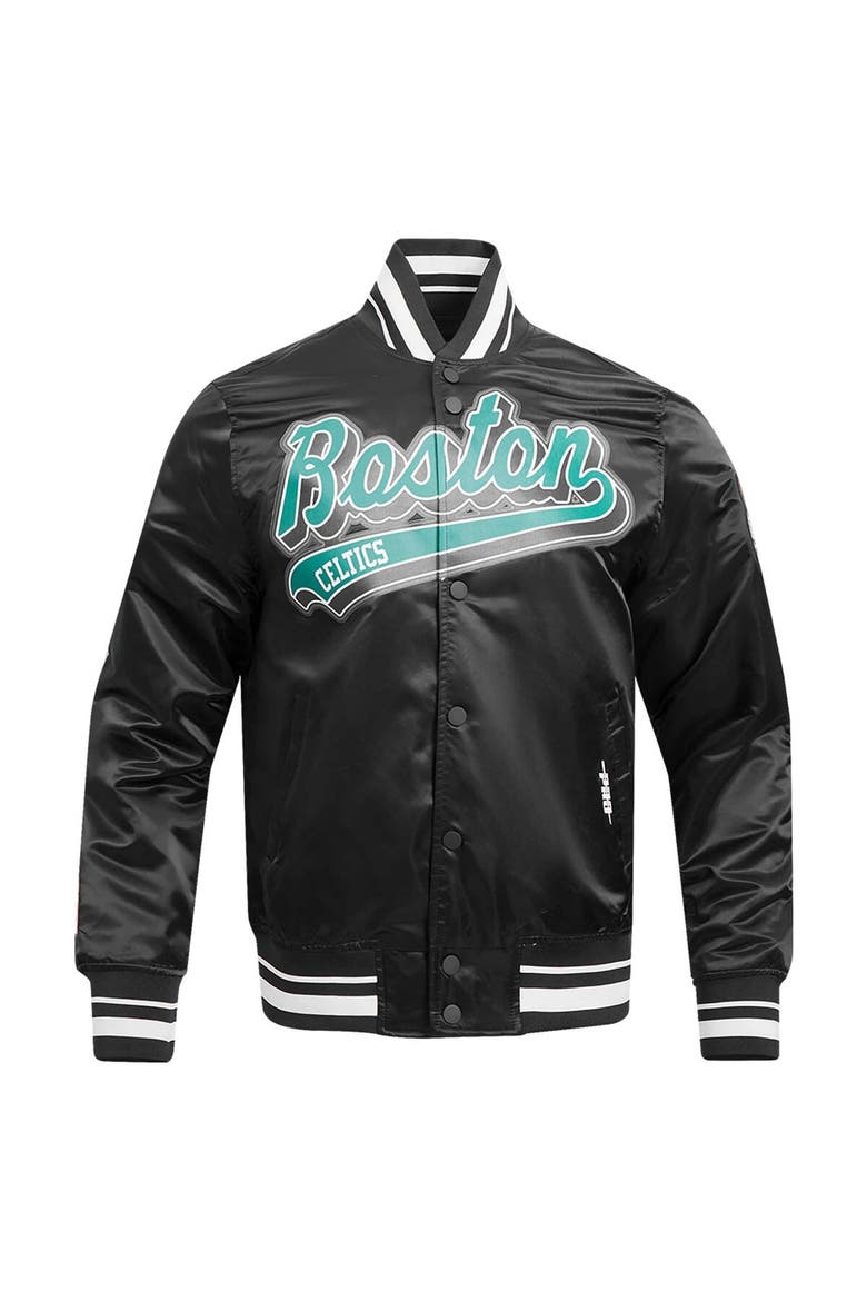 Men's Pro Standard Black Boston Celtics Script Tail Full-Snap Satin Varsity Jacket, Alternate, color, Black