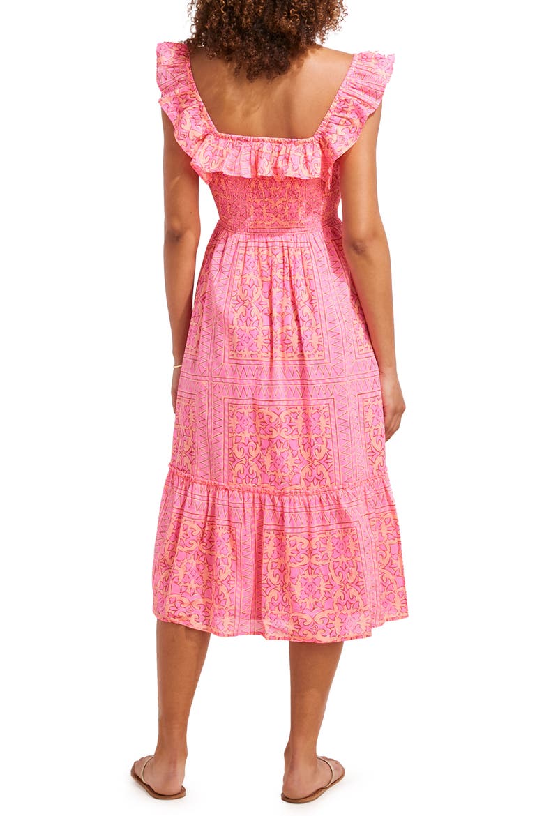 Mix Print Smocked Ruffle Cotton Midi Dress, Alternate, color, KNOCKOUT PINK