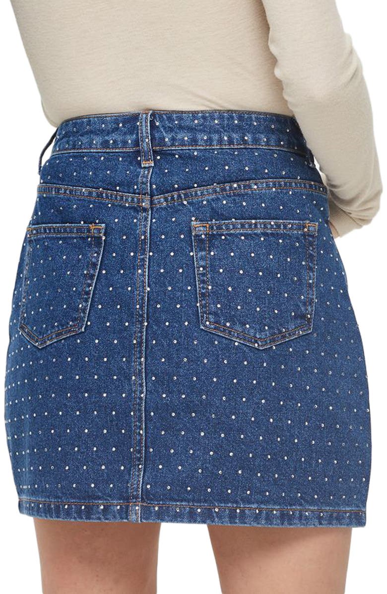 Topshop Crystal Studded Denim Miniskirt, Alternate, color, Mid Denim