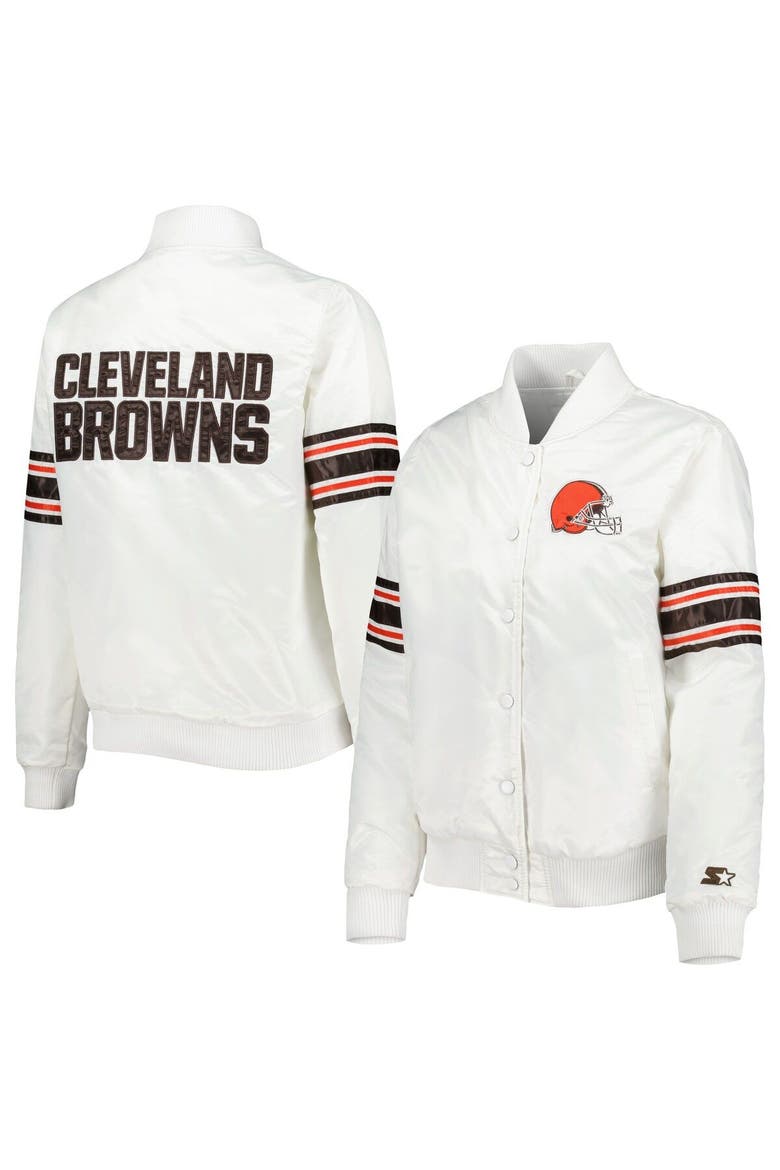 Women's Starter White Cleveland Browns Line Up Satin Full-Snap Varsity Jacket, Main, color, White