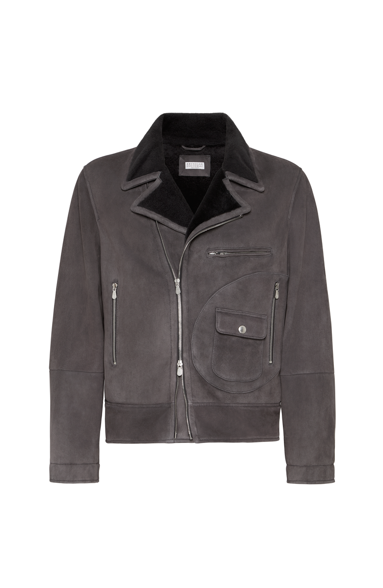 Brunello Cucinelli Shearling biker jacket, Main, color, Slate