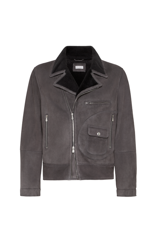 Brunello Cucinelli Shearling Biker Jacket In Gray