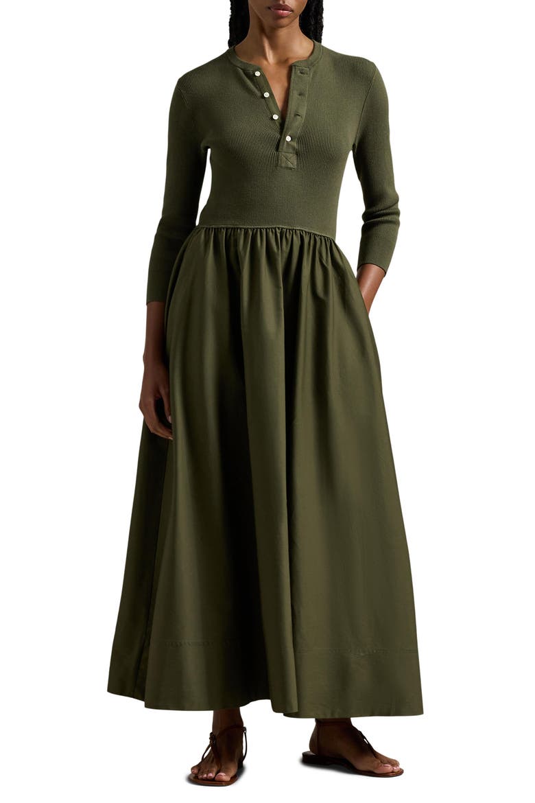 long sleeve olive green midi dress It's In The Air Olive Green Floral 3/4 Sleeve Midi Dress