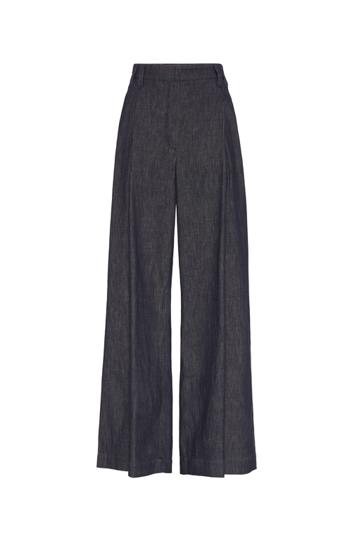 Brunello Cucinelli Cotton Wide Leg Denim Effect Pants In Blue In Dark Denim