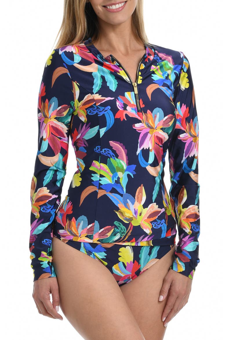 Sea Floral Long Sleeve Half Zip Rashguard, Main, color, INDIGO