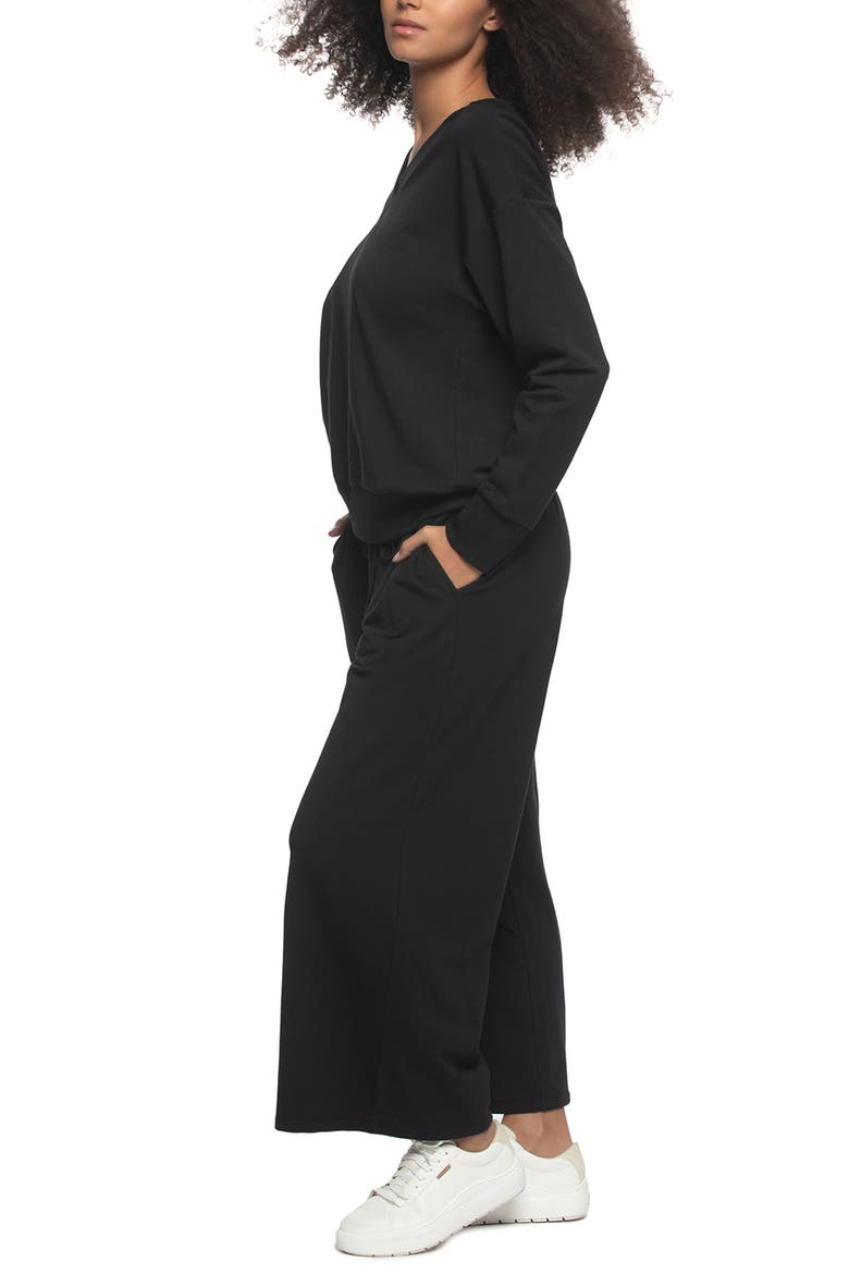 Kimora Relaxed Fit Wide Leg Stretch Cotton Blend French Terry Pajamas, Alternate, color, BLACK