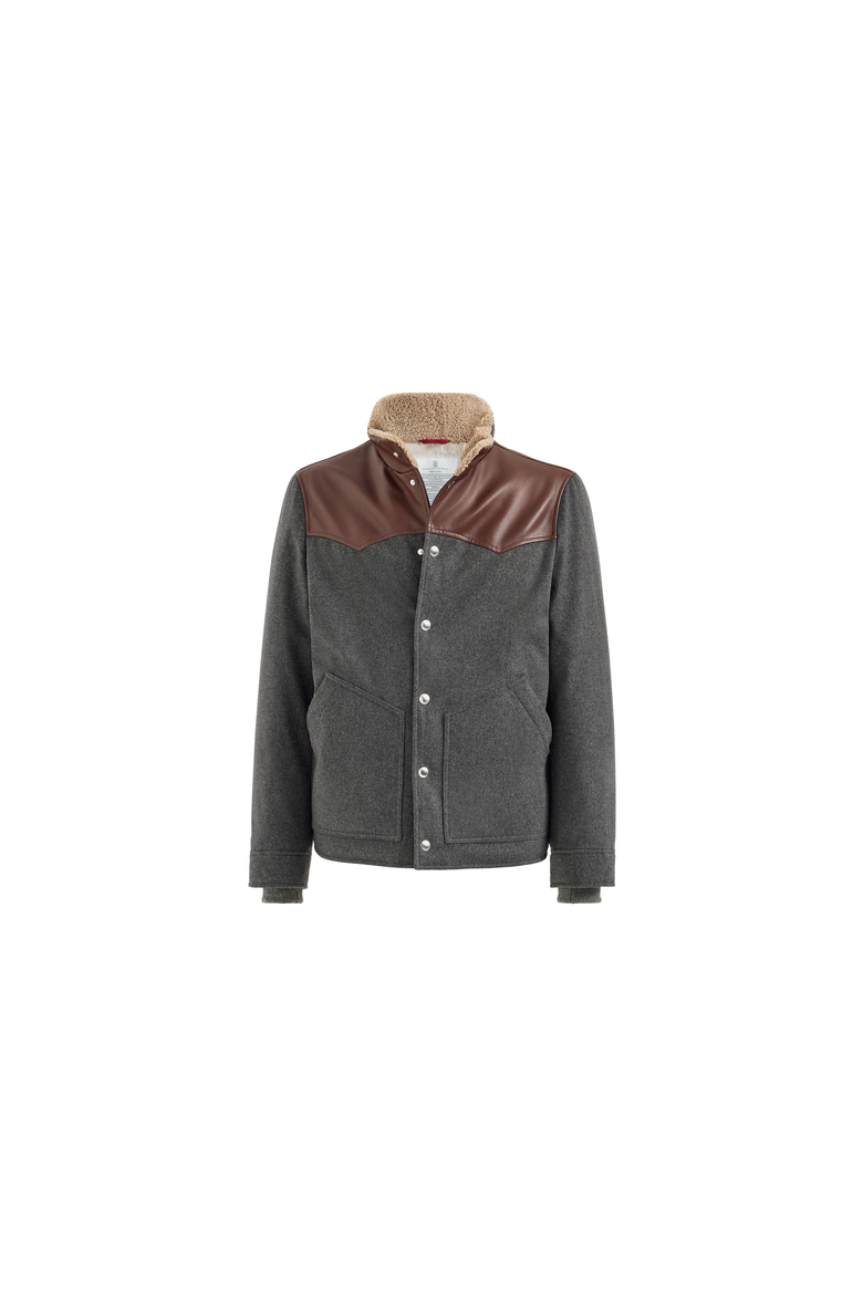 Bonded wool flannel paneled down jacket with shearling collar, Alternate, color, Dark Grey