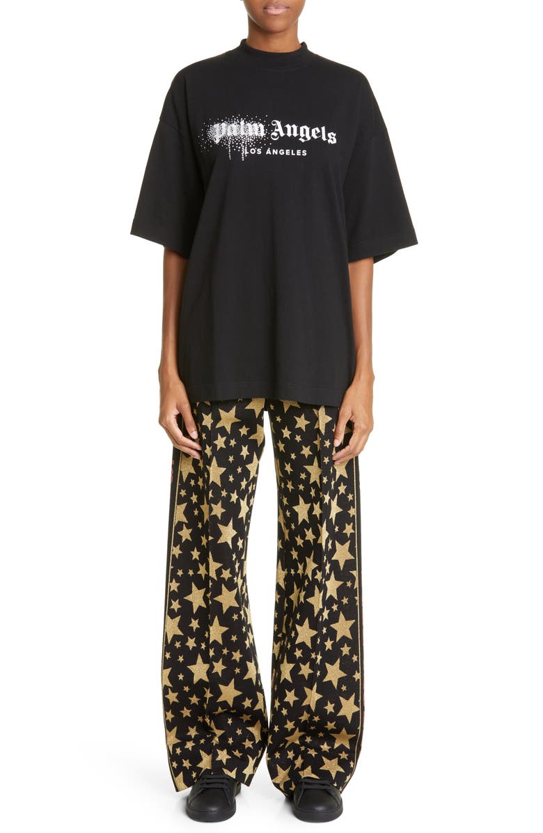 Palm Angels Rhinestone Spray Logo Crewneck Cotton T-Shirt, Alternate, color, 