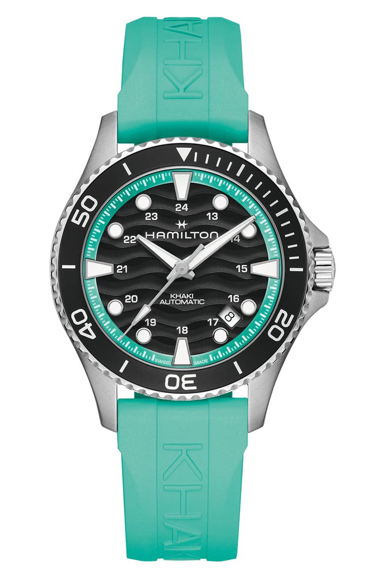 Khaki Navy Scuba Automatic Rubber Strap Watch, 40mm, Main, color, BLACK/ AQUA