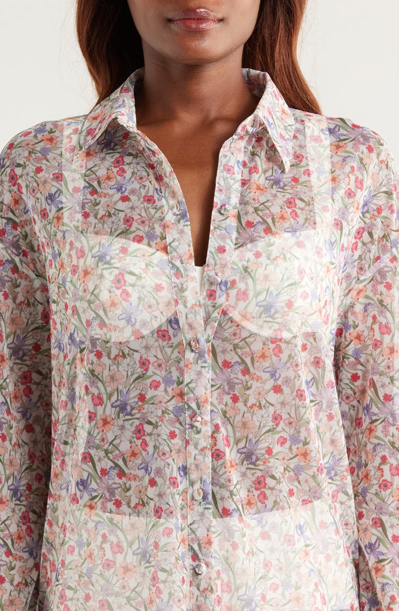 Hutch Long Sleeve Sheer Cover-Up Shirtdress, Alternate, color, White Garden