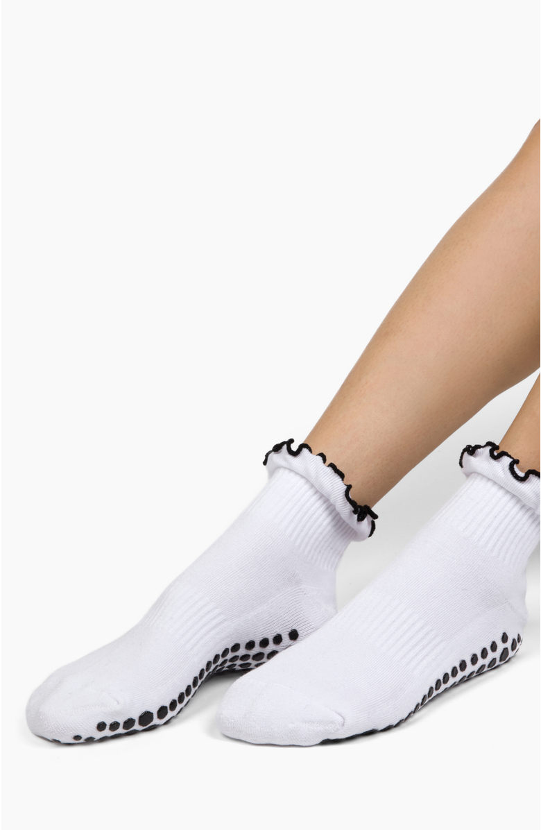 Lutava Antimicrobial Grip Sock- White Ruffle Black Grip - 4 Pack, Alternate, color, White With Black Accents