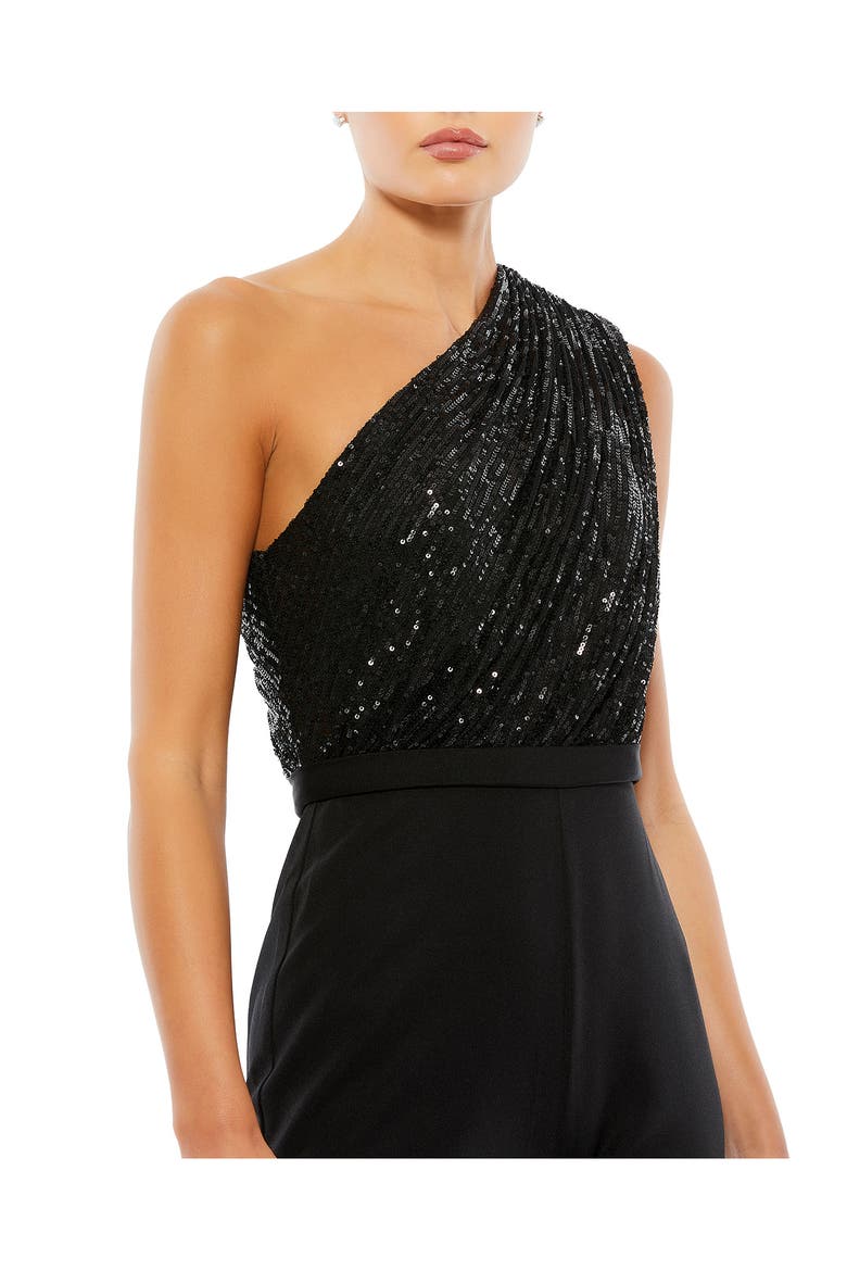 Sequined One Shoulder Jumpsuit, Alternate, color, BLACK
