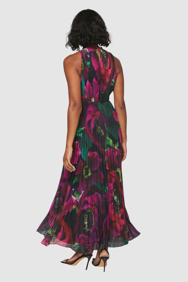 Floral Print Pleated Maxi Dress, Alternate, color, Black