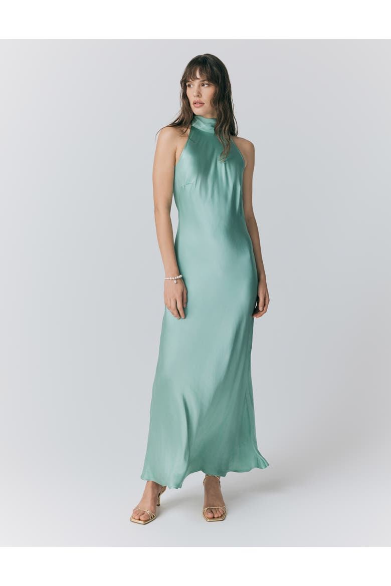 Amaia Halter Neck Satin Maxi Dress, Main, color, Pastel Green