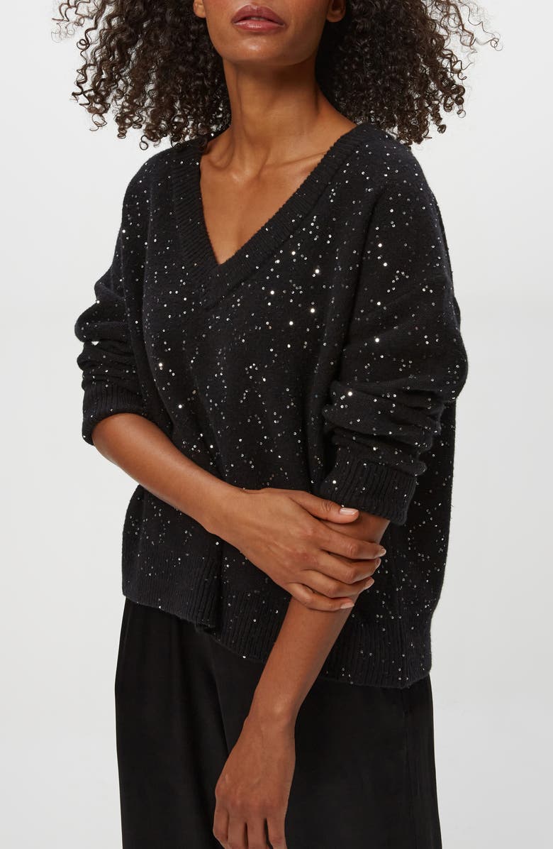 Michael Stars Frances Sequin Embellished V-Neck Sweater, Alternate, color, Black