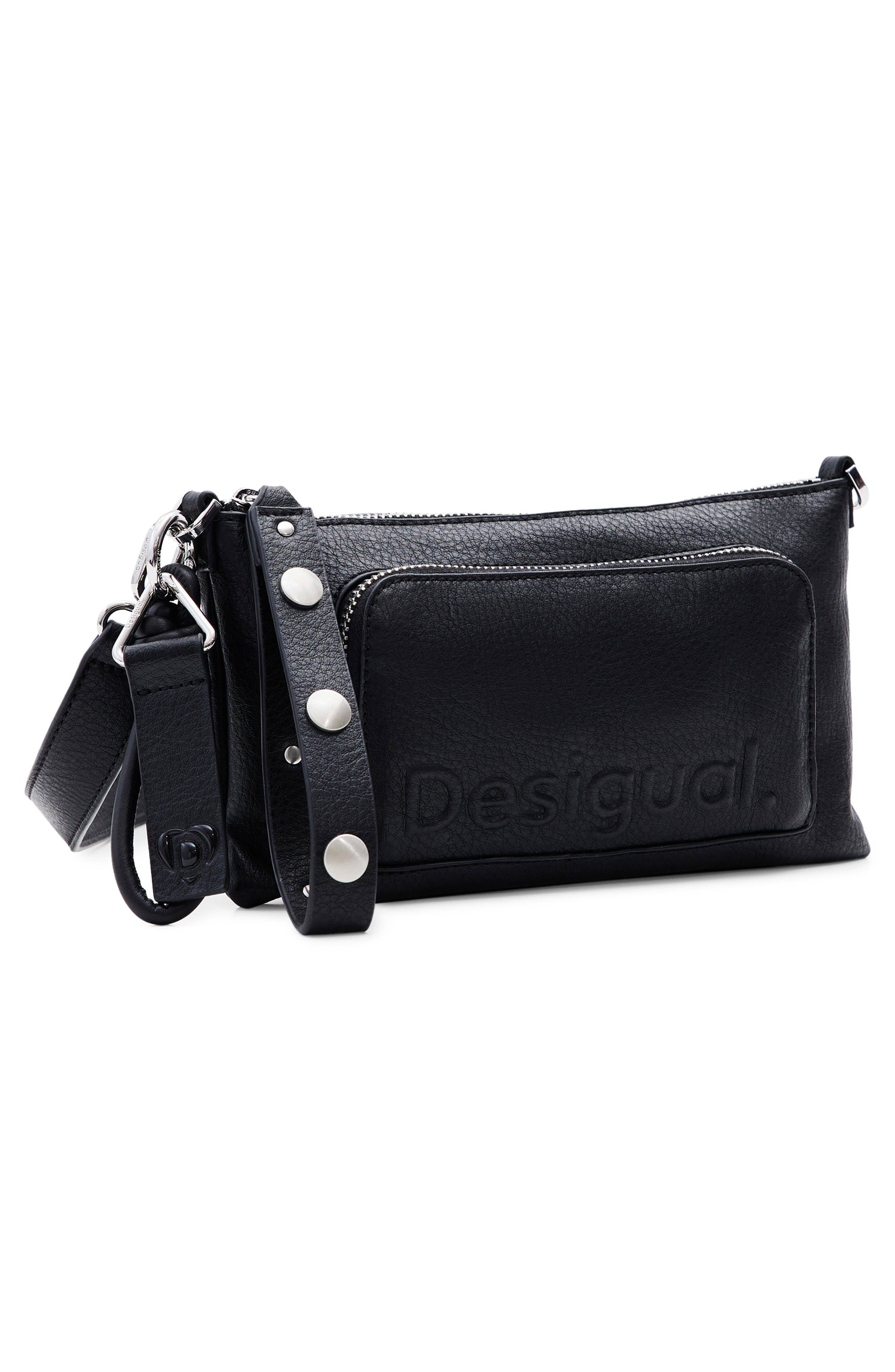 Desigual Half Logo Faux Leather Shoulder Bag, Alternate, color, Black