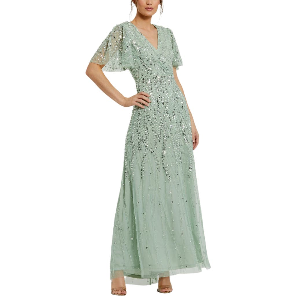 Mac Duggal Beaded Wrap Over Butterfly Sleeve Column Gown In Sage