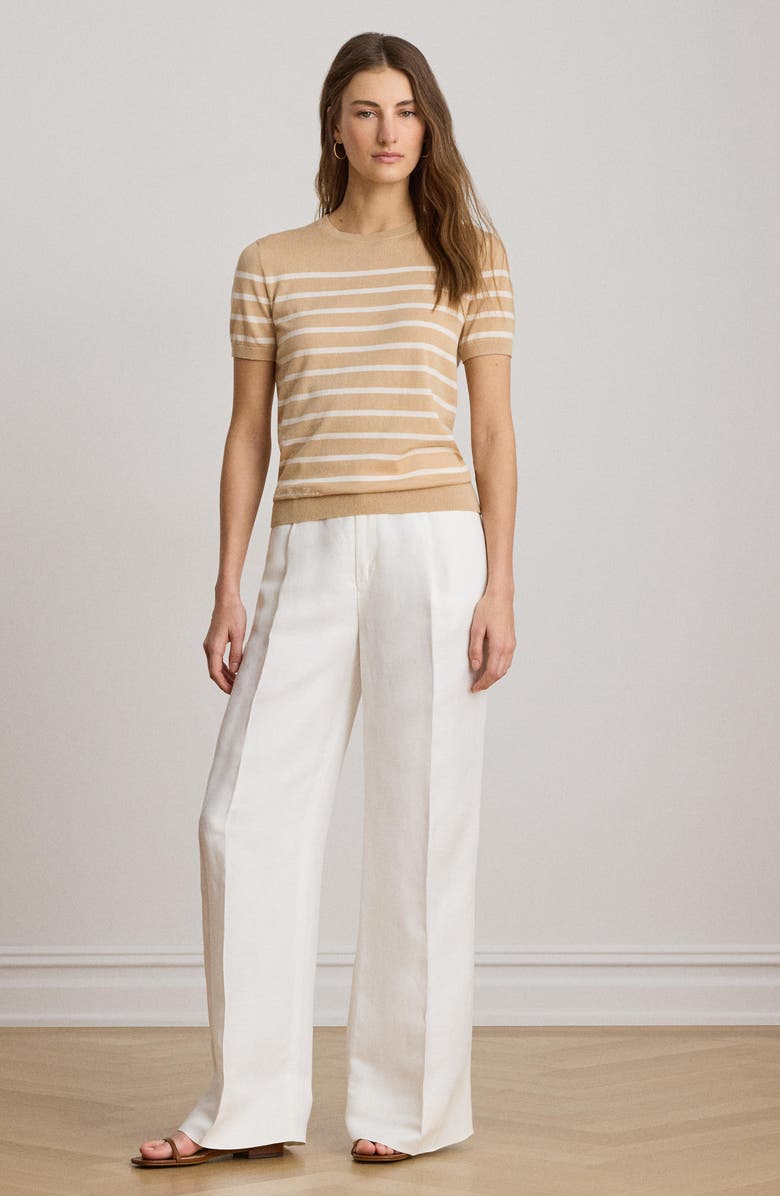 Lauren Ralph Lauren Short Sleeve Cotton Blend Sweater, Alternate, color, Ginger Beige/ Mascarpone Cream