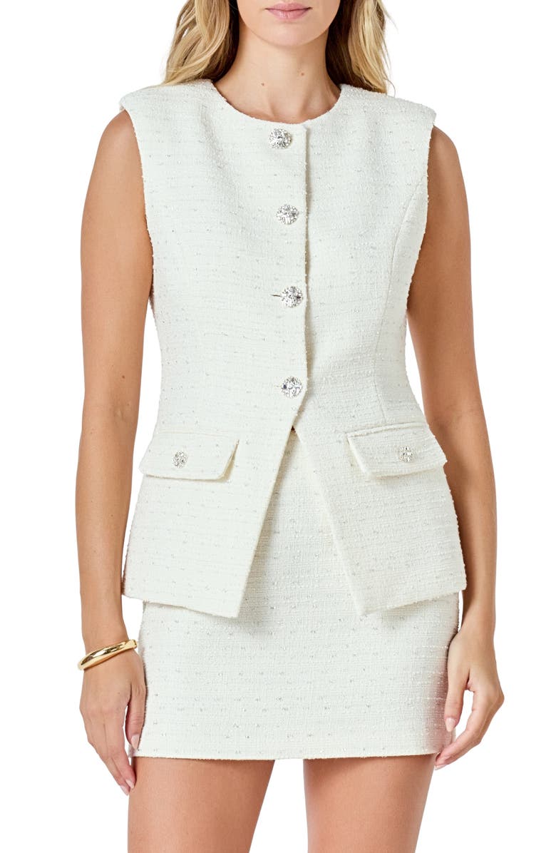 Endless Rose Jewel Button Tweed Vest, Main, color, Cream