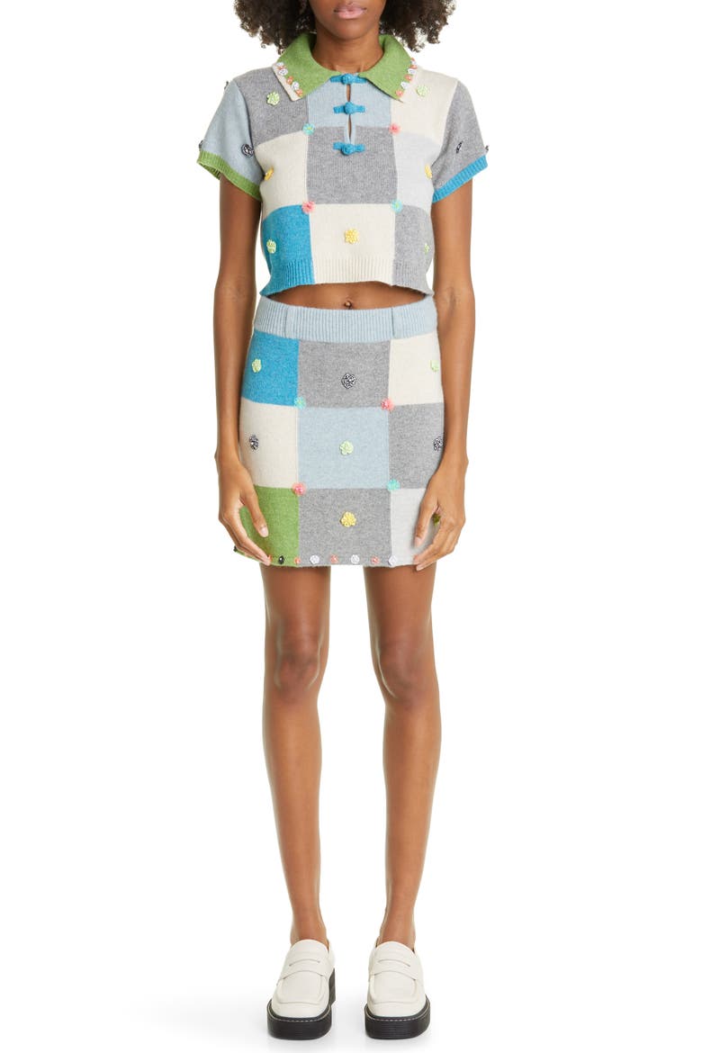 Floral Appliqué Checkerboard Lambswool Sweater, Alternate, color, BLUE/ GREEN