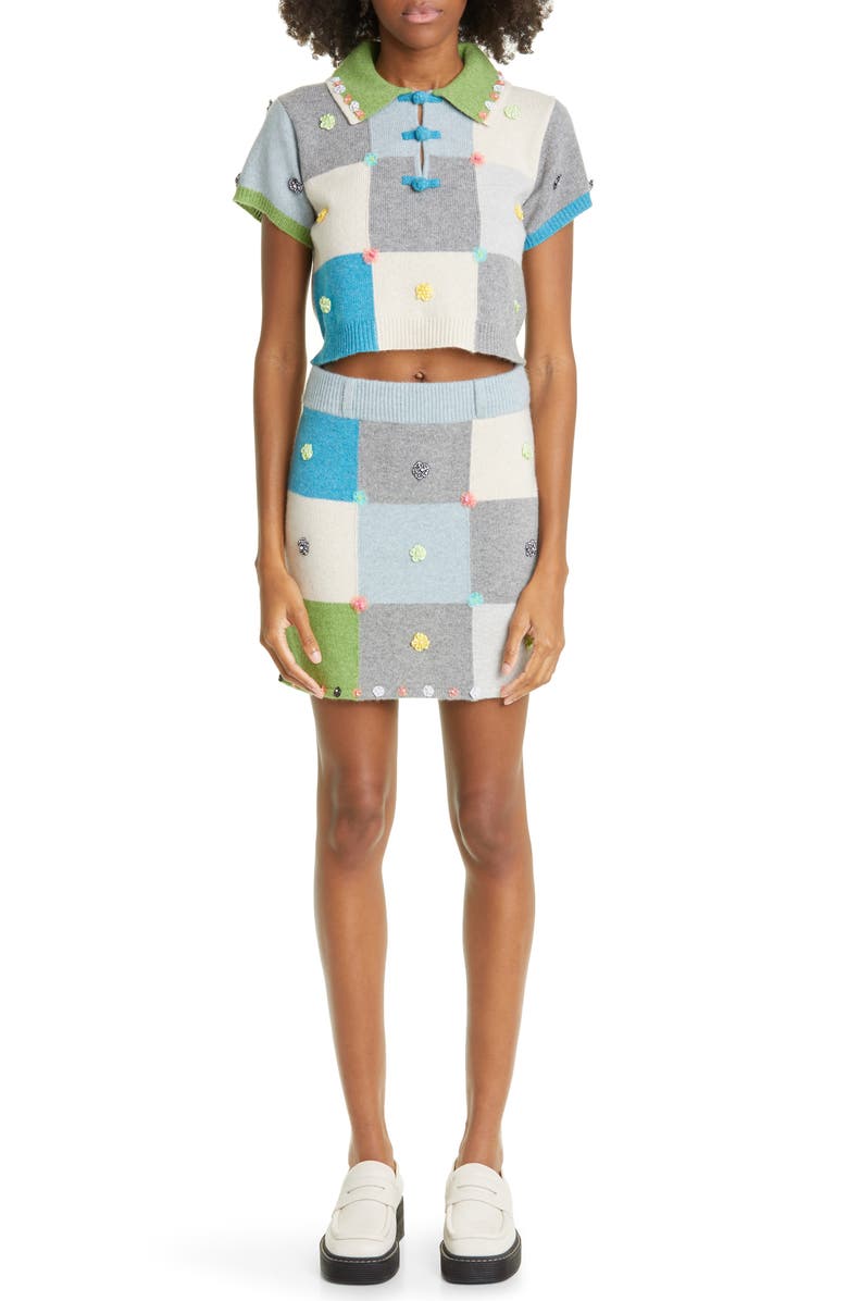 YanYan Floral Appliqué Checkerboard Lambswool Sweater, Alternate, color, 