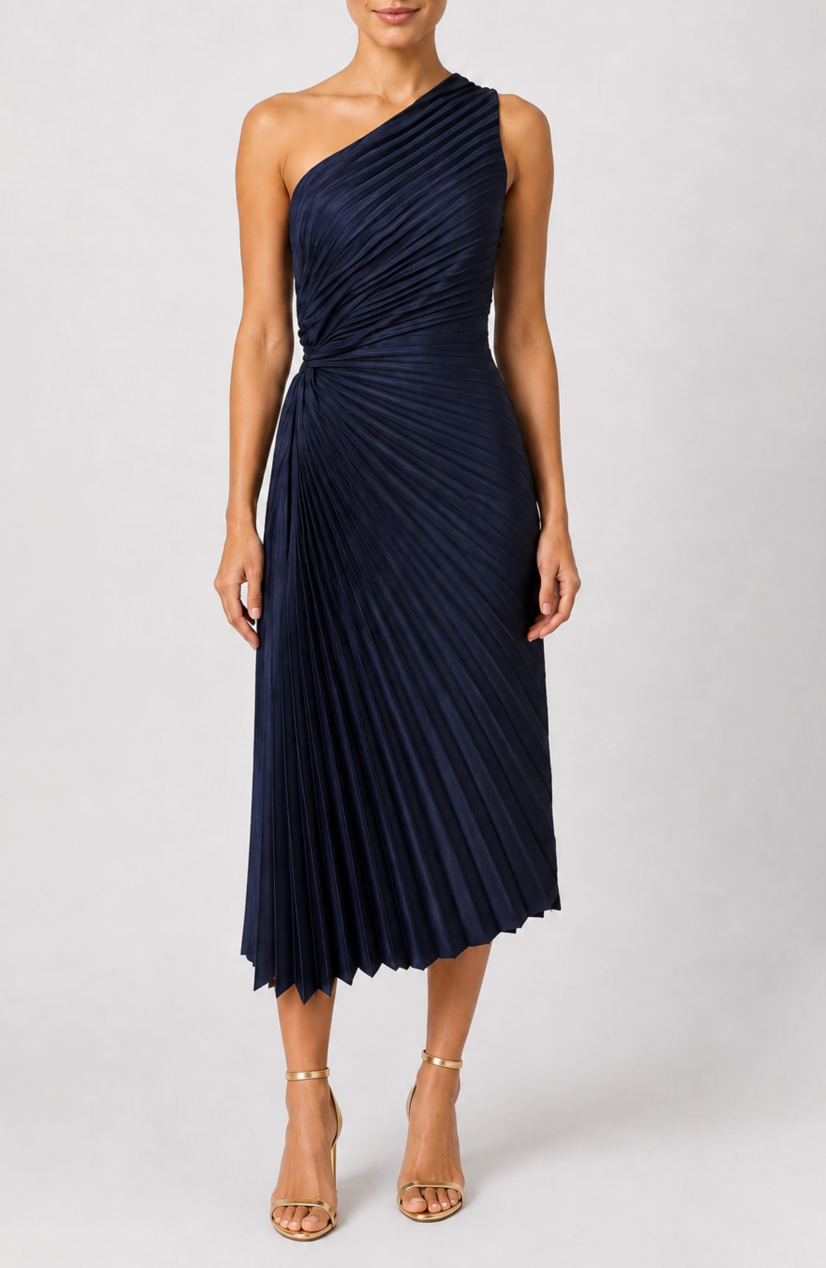 Satin Pleat One Shoulder Midi Dress