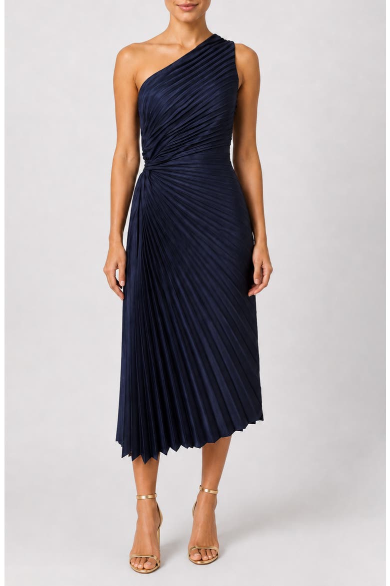 Nicole Miller Satin Pleat One Shoulder Midi Dress (Women)