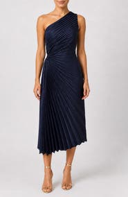 Nicole Miller Satin Pleat One Shoulder Midi Dress