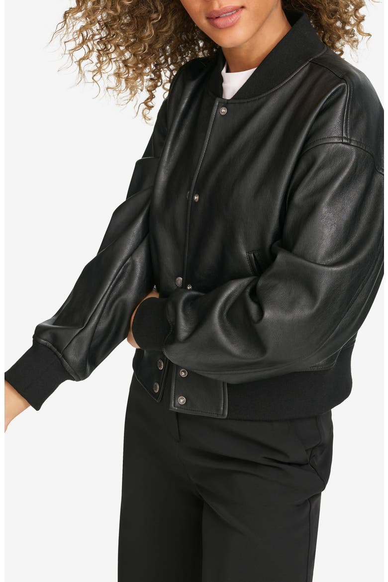 Relaxed Faux Leather Bomber Jacket, Alternate, color, BLACK
