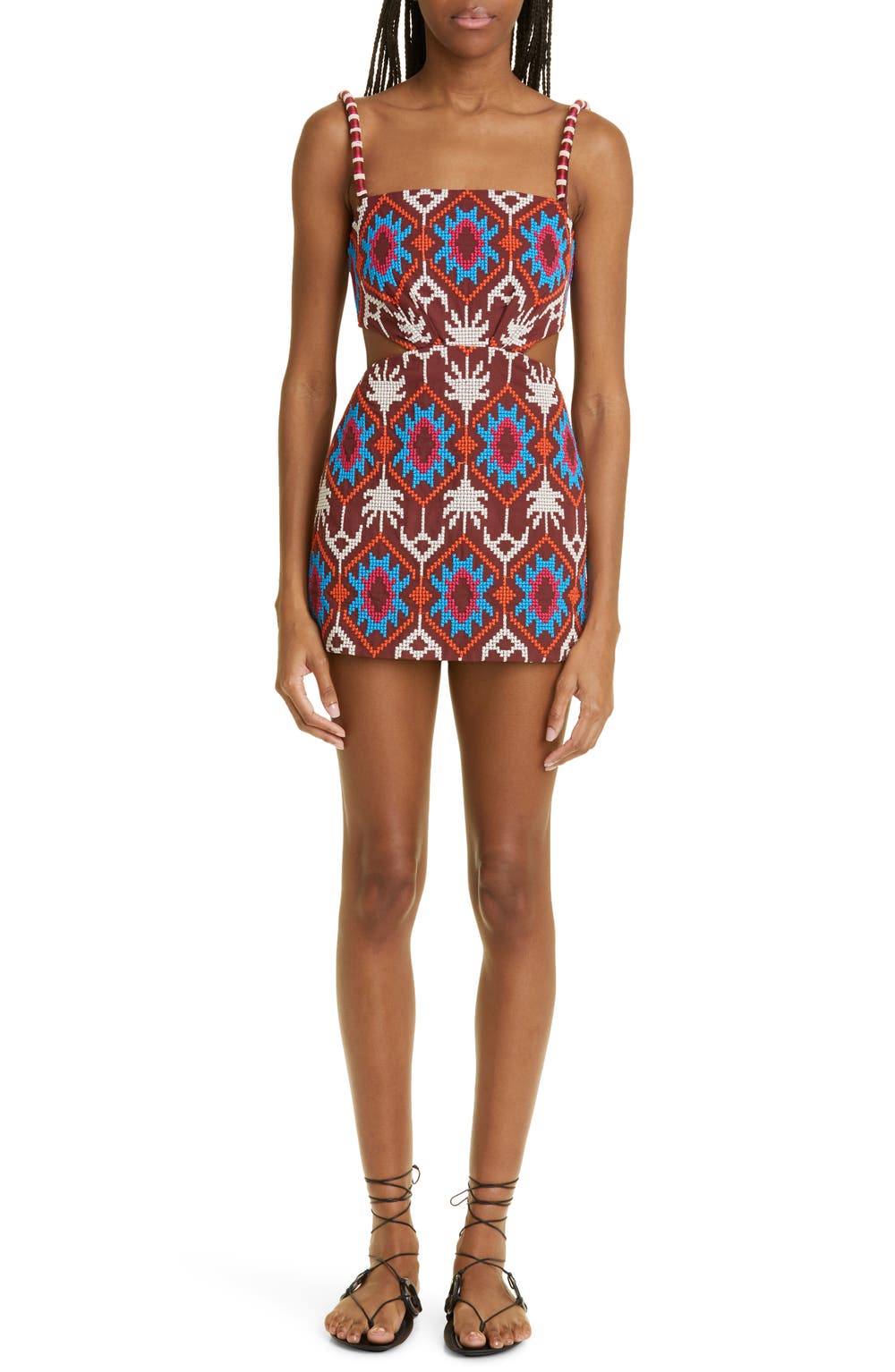 Leyenda Anudada Embroidered Strap Convertible Dress, color, GEOMETRIC WINE/ ECRU/ BLUE