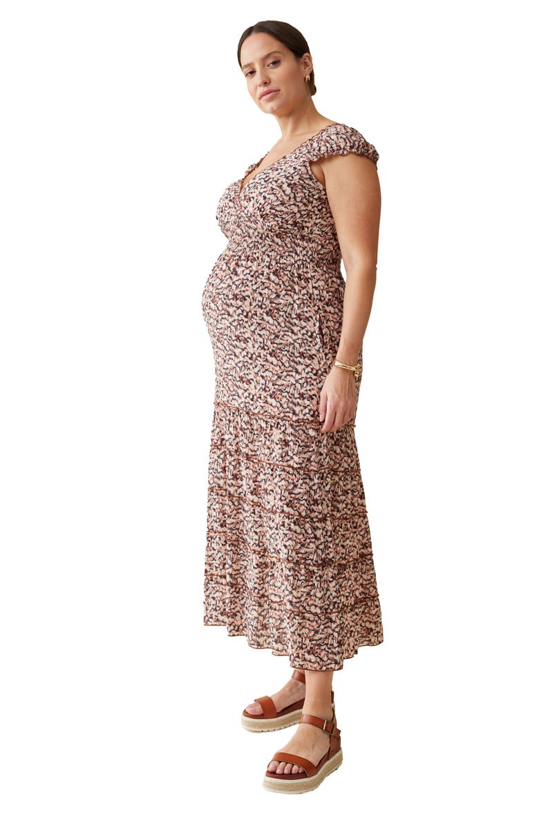 Ingrid & Isabel CAP SLEEVE TIERED MAXI DRESS, Alternate, color, Brown/Navy Abstract Ikat