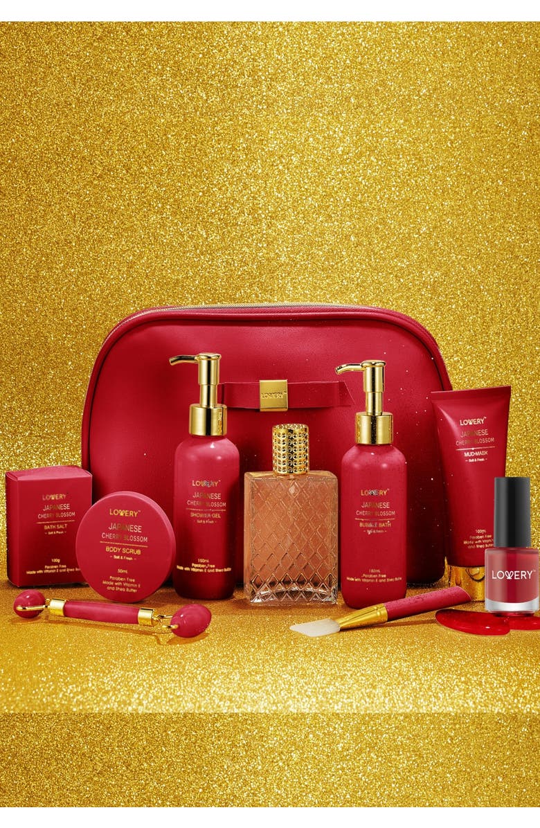 Lovery Luxury Japanese Cherry Blossom Bath and Body Beauty Kit with Leather Bag, Alternate, color, Red, Gold