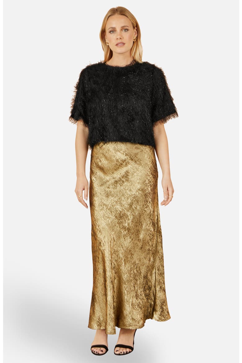 Satin Mid Rise Midi Skirt, Alternate, color, Gold