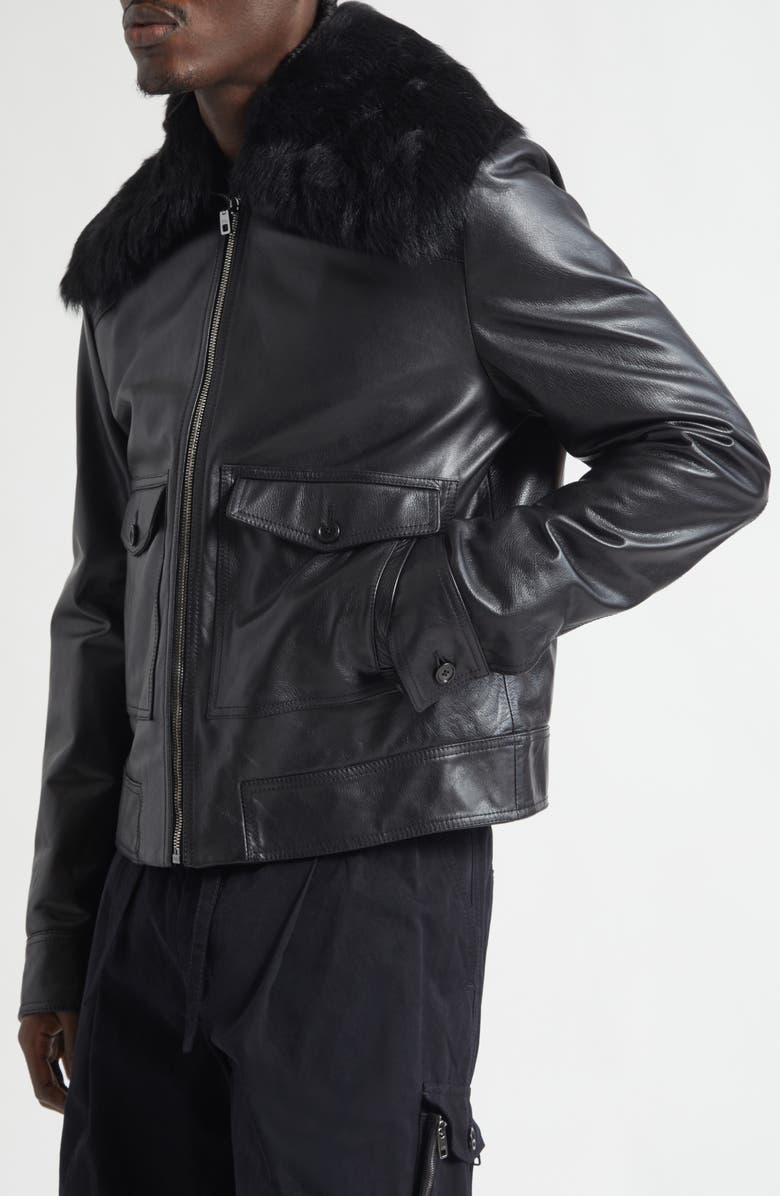 Dolce&Gabbana Leather Jacket with Genuine Shearling Collar, Alternate, color, Nero
