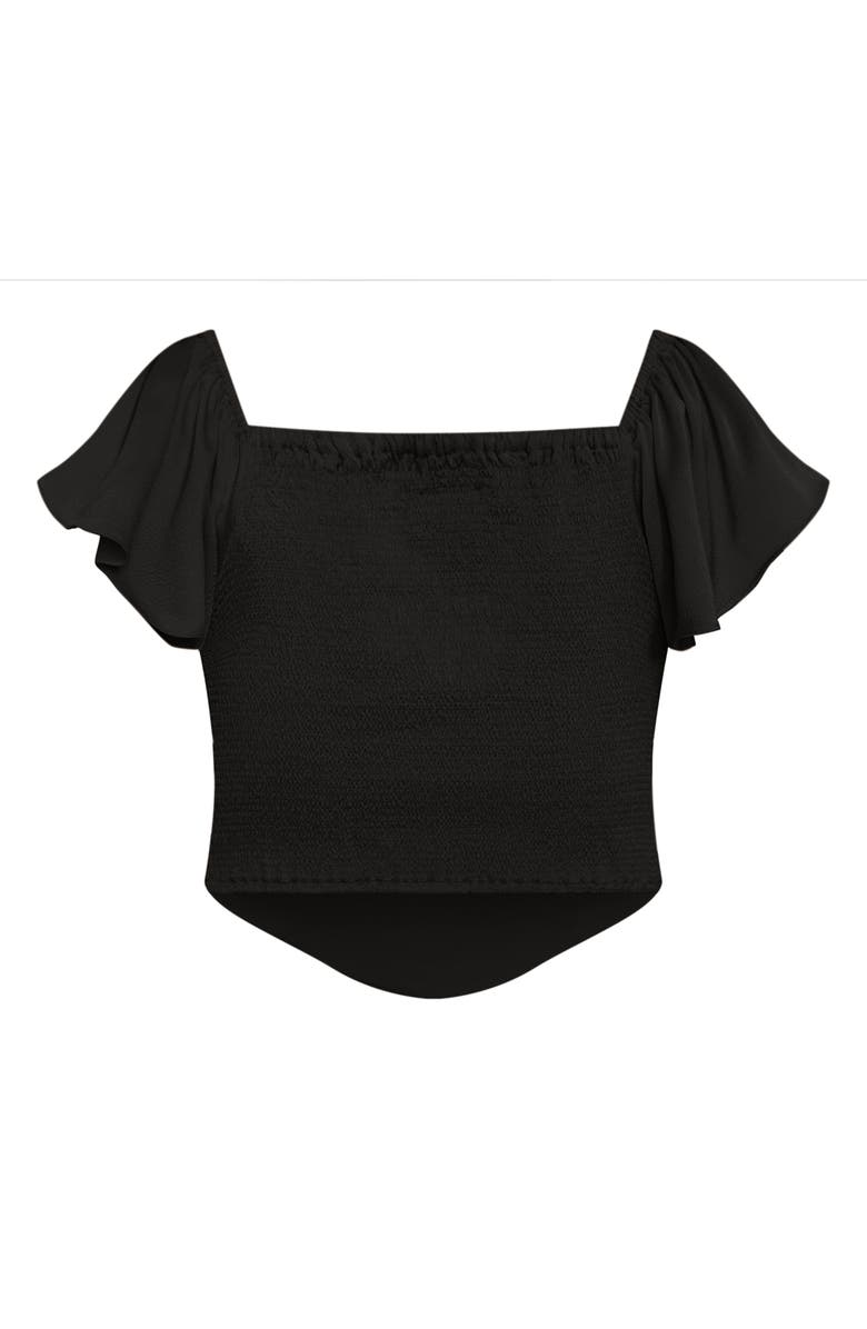 City Chic Mae Ruffle Off the Shoulder Crop Top, Alternate, color, Black