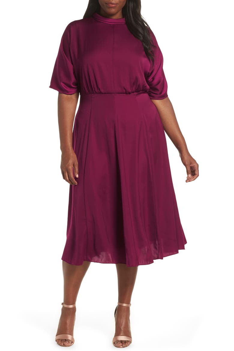 Diane Mock Neck Fit & Flare Midi Dress, Alternate, color, RASPBERRY