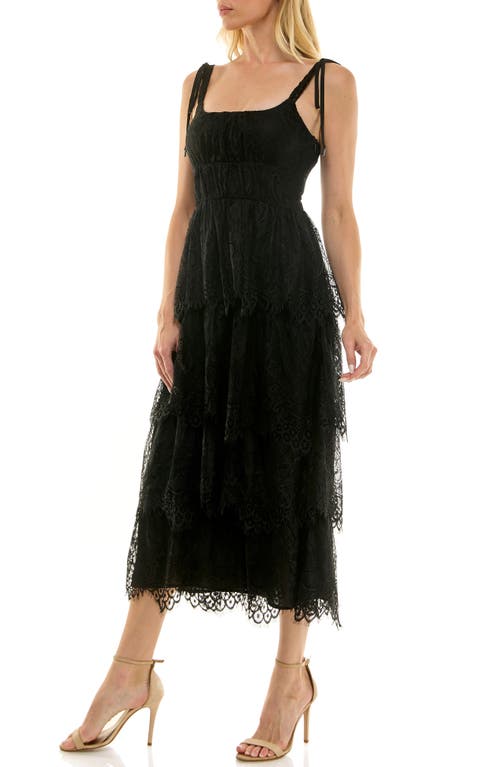 Socialite Tie Strap Tiered Lace Midi Dress In Black